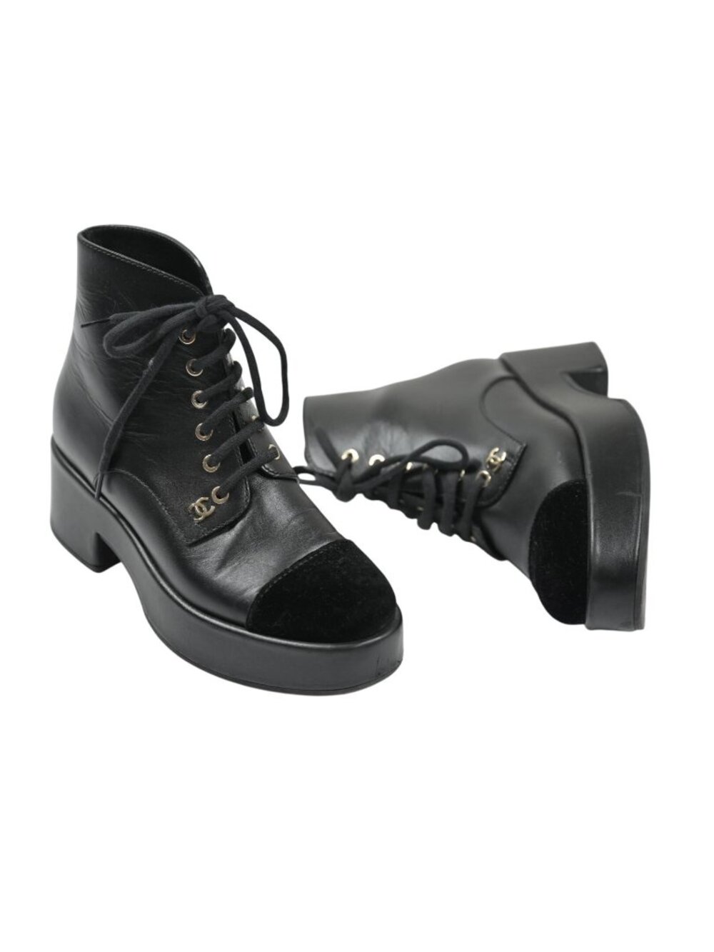 Chanel CC Calfskin Velvet CC Cap Toe Leather Lace-Up Ankle Boots in Black